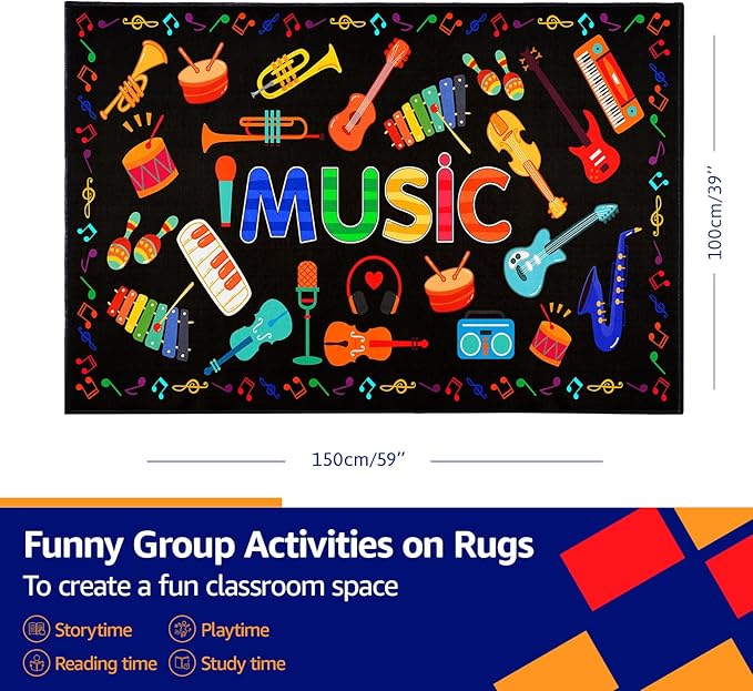 Durable Music Rug 3'3"x5' Guitar Area Rug for Studio Soft Black Music Carpet for Kids Room Washable Colorful Musical Floor Mat for Bedroom, Playroom, Nursery, Elementary