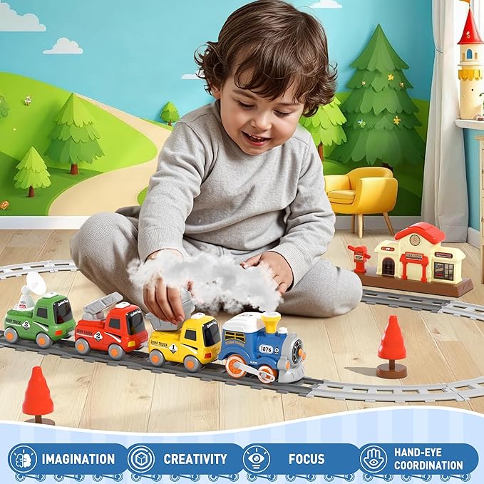 Train Set for Toddlers w/Steam, Music & Lights - First Choo Choo Train for Toddlers, Electric Train Set for Kids, Magnetic Train Toys, Christmas Birthday Gifts for Boys Girls