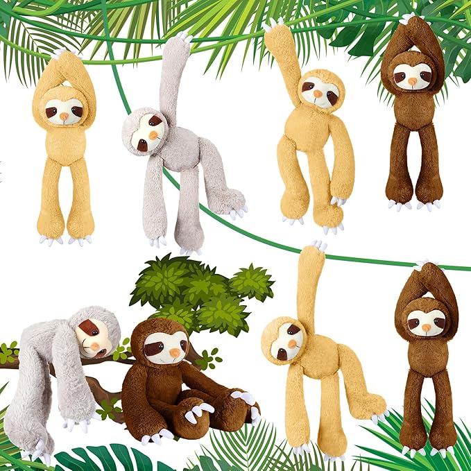 8 Pcs Hanging Sloth Stuffed Animal 18 Inch Three Toed Sloth Plush Toy with Hook and Loop Hands Hanging Sloth Toy for Boy Girl (Grey, Dark Brown, Light Brown)