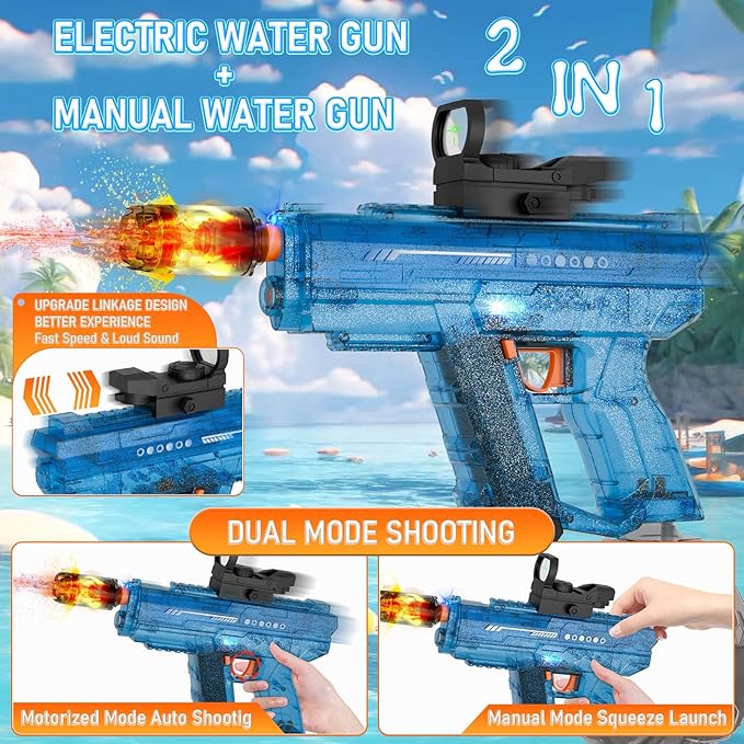 Electric Water Gun for Kids Adults, Transparent Automatic Squirt Gun with 30-32 FT Long Range, Summer Outdoor Beach Swimming Pool Party Toys for Boys Girls Adults (Blue)