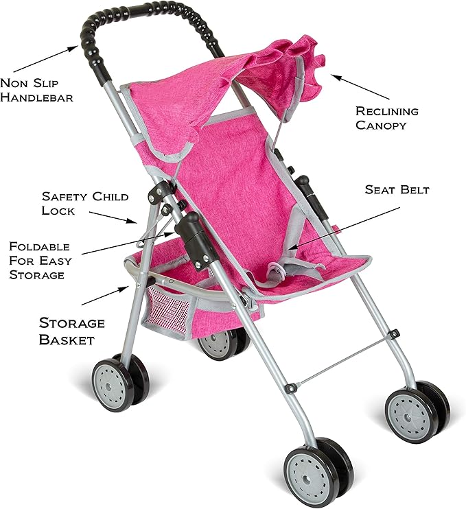 fash n kolor Doll Stroller with Basket, My First Denim Pink Foldable Baby Doll Umbrella Doll Stroller Fits Upto 18" Dolls, Gift Toys for Girls,Baby Doll Accessories Include 2 Free Magic Bottles