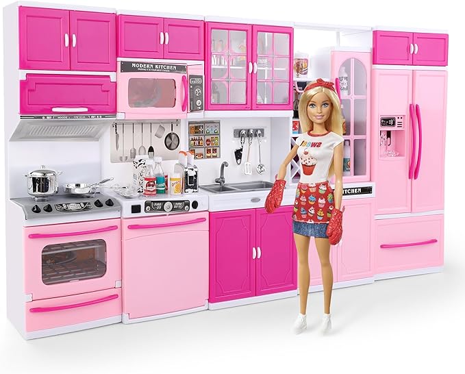 Doll Kitchen Playset for Kids, My Modern Mini Kitchen House Furniture Pretend Play Toy Accessories Set with Realistic Lights & Sounds for Toddlers, Girls (5-in-1 Kitchen Set)