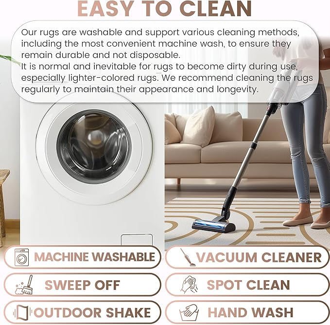 Washable 4x6 Minimalist Area Rug for Living Room, Tan White Modern Artistic Abstract Large Rug, Ultra Thin Low Pile Lightweight Soft Indoor Floor Carpet with Nonslip Backing for Bedroom Kids Play Room