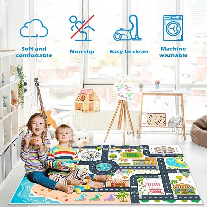 Kids Carpet Playmat Car Rug, Car Rug for Kids Toy Cars and Train, Non Slip Play Mat for Playroom Kids Room, City Life Educational Road Traffic Carpet for Classroom Nursery(White,31×47in)