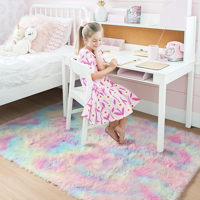Amdrebio Rainbow Area Rugs for Girls Bedroom Kids Room Decor, 9x12 Large Pastel Colorful Rug for Playroom, Cute Unicorn Shaggy Rugs for Baby Princess, Kawaii Fluffy Plush Big Carpet for Living Room
