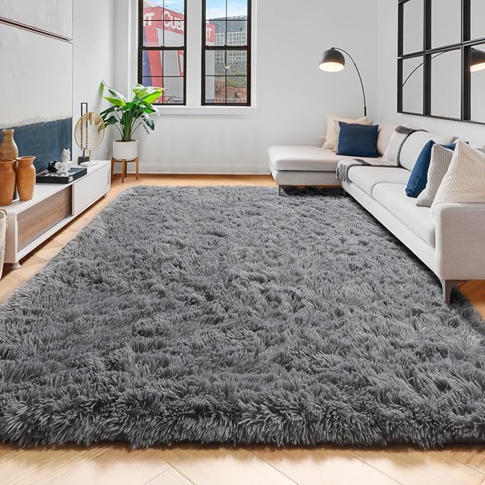 Amdrebio Grey Modern Fluffy Living Room Rugs,5x8 Rug,Furry Area Rug for Bedroom,Shaggy Indoor Rug for Kids Room,Plush Fuzzy Rug for Living Room Decor,Soft Farmhouse Carpet for Home Office Playroom