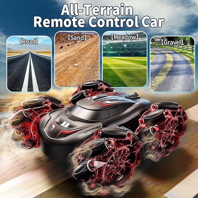 Gesture Sensing RC Stunt Car with LED Lights, Double-Sided Flips Driving 360° Rotating, Sidesway, 2.4GHz 4WD Hand Controlled Remote Control Car for Boy 4-7, 8-12, Birthday Gift for Kids (Red)