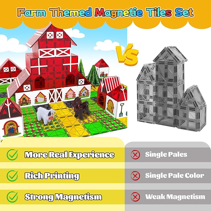 Magnetic Tiles Farm Animal Toy Set with Interactive Cow & Horse, Magnetic Building Blocks for Kids Ages 3-5 4-8 5-7, Magnet Tiles Educational STEM Toy for Boys & Girls
