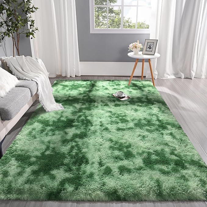 Pettop Fluffy Shag Area Rug, 4x6 Tie-Dyed Plush Fuzzy Rugs for Living Room, Ultra Soft Shaggy Rugs for Bedroom, Non-Slip and Washable Indoor Carpet for Girls Kids Room Home Decor, Light Green