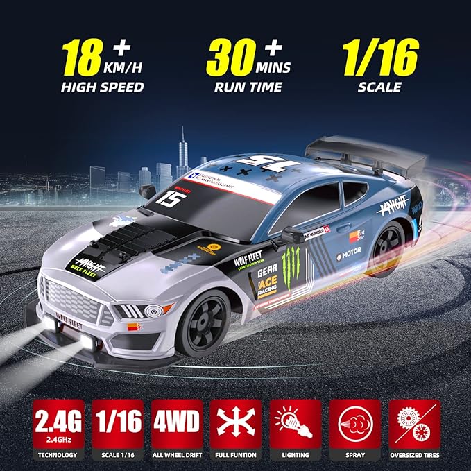 Remote Control Drift Car for Adults - 1/16 2.4GHz Small 4WD RC With LED Lights, Rechargeable Battery, and Drifting Tires - Toy for Boys and Kids