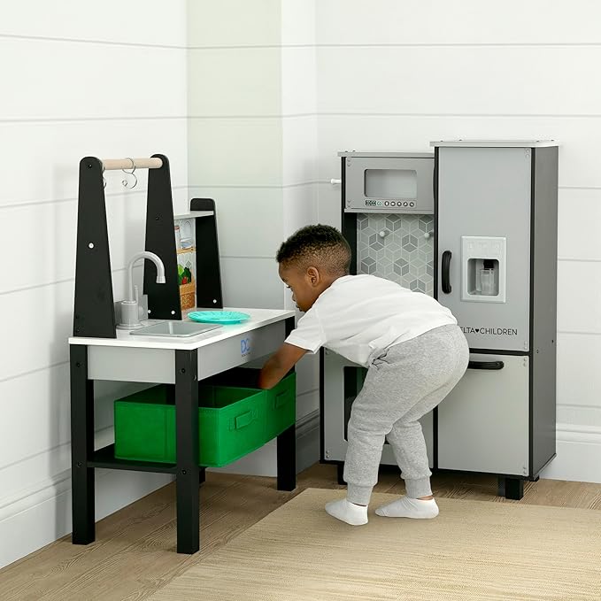 Delta Children Gourmet All-in-One Corner Play Kitchen - Toy Kitchen Playset with Safe & Heatless Stove with Lights, Oven, Sink, Fridge/Freezer with Ice Maker and 20 Accessories, Grey