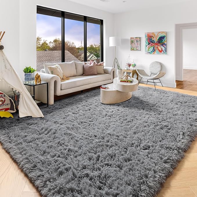 Amdrebio Grey Modern Large Living Room Rugs 6x9, Fluffy Area Rug for Bedroom, Shaggy Indoor Carpet for Kids Room Decor, Fuzzy Big Carpets for Playroom, Plush Thick Farmhouse Rugs, Soft Shag Fur Rug