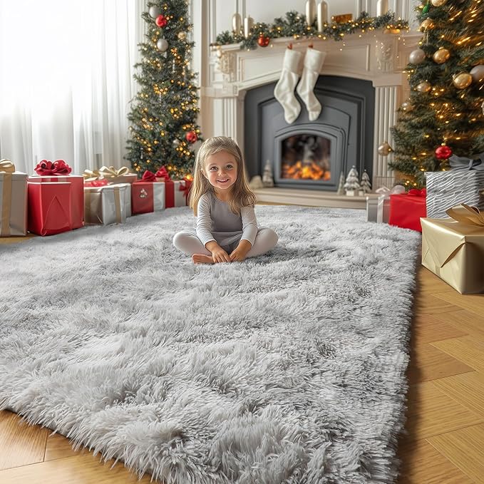 Amdrebio Tie-Dyed Light Grey Area Rug for Bedroom, Soft Shag Furry Rug 5x8 for Living Room, Fluffy Fuzzy Rugs for Kids Room Decor, Modern Shaggy Carpet for Classroom Office, Plush Indoor Rug