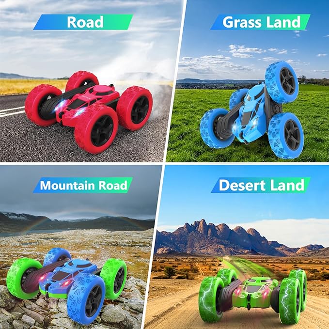 cosone Remote Control Car Toys for Boys - 4WD 2.4Ghz Double Sided 360° Rotating All Terrain RC Cars with Cool Lights, Kids Birthday for Boys-Blue&Green