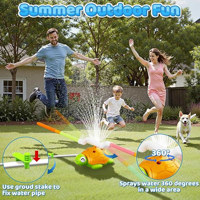 4-in-1 Turtle Water Sprinkler Toys for Kids - Summer Oudoor Toy with Baseball Ringtoss Tubes - Outside Yard Lawn Backyard Park Garden Pool Games for Age 3 4 5 6 7 8 Year Old Toddlers Boys Girls Gifts
