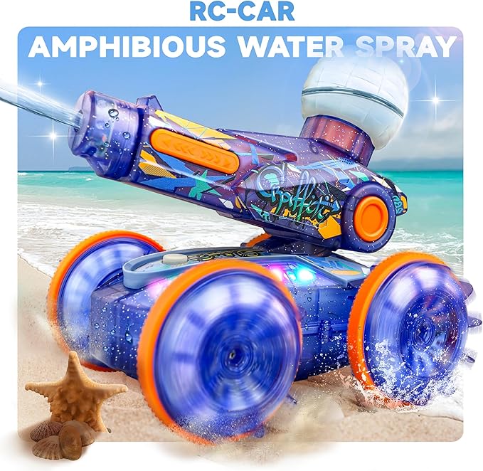 BEZGAR Pool Toys for Kids, Amphibious Remote Control Car Toys for Ages 6-8, RC Stunt Car with Water Gun for Boys and Girls 8-12, Remote Control Boat with Light(Blue)