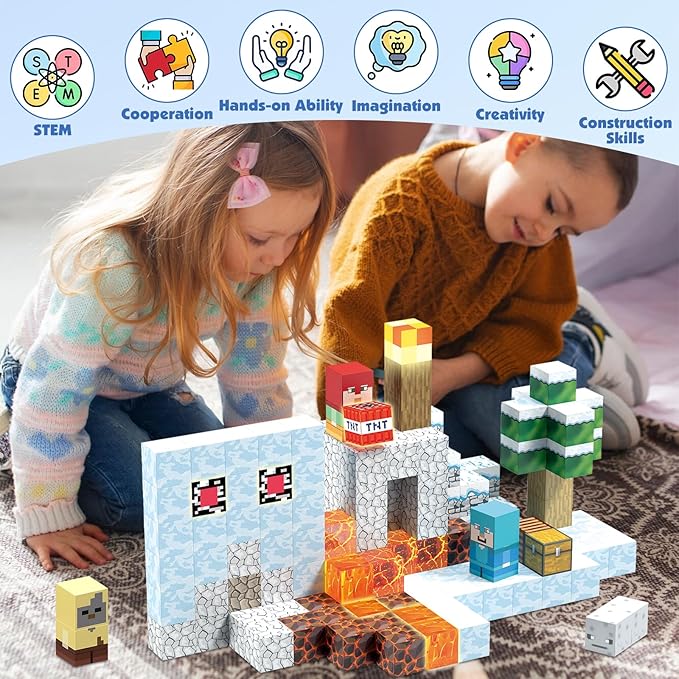 200PCS Magnetic Blocks Building Toys, Light Up Frozen Toy Building Blocks Set Magnet Cubes for Toddlers 3+, Build Frozen Castle STEM Sensory Magnetic Construction Toys