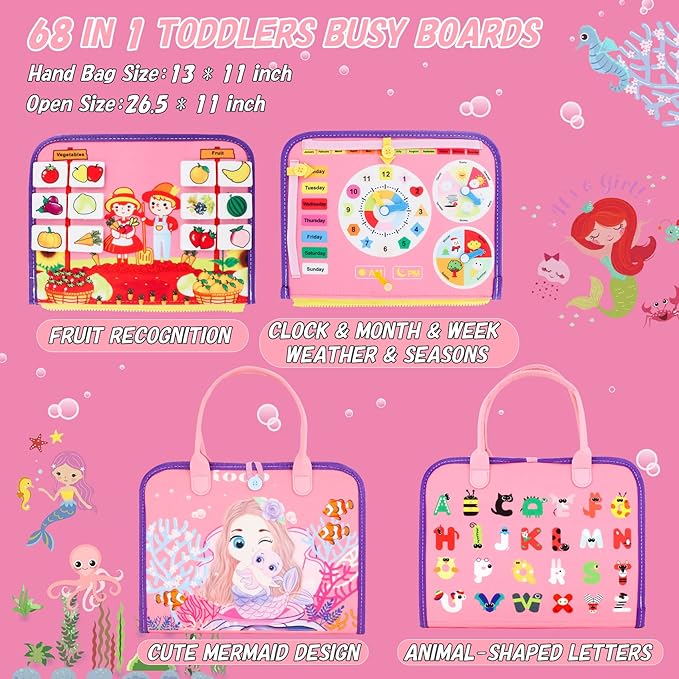 iooo Toddler Busy Board Montessori Toys for 1 2 3 4 Year Old, Sensory Board with Buckles Educational Activities for Learning Fine Motor Skills, Gifts Toy for Girls Boys for Airplane Car (Pink-3)