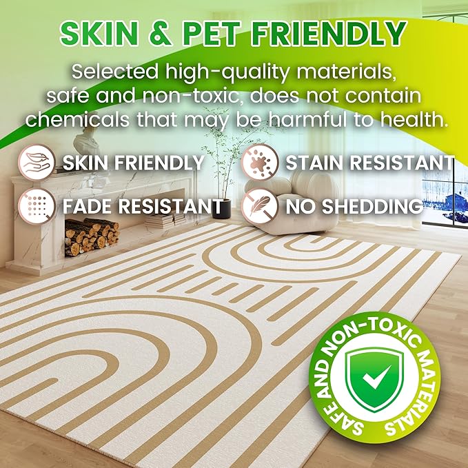 Washable 4x6 Minimalist Area Rug for Living Room, Tan White Modern Artistic Abstract Large Rug, Ultra Thin Low Pile Lightweight Soft Indoor Floor Carpet with Nonslip Backing for Bedroom Kids Play Room