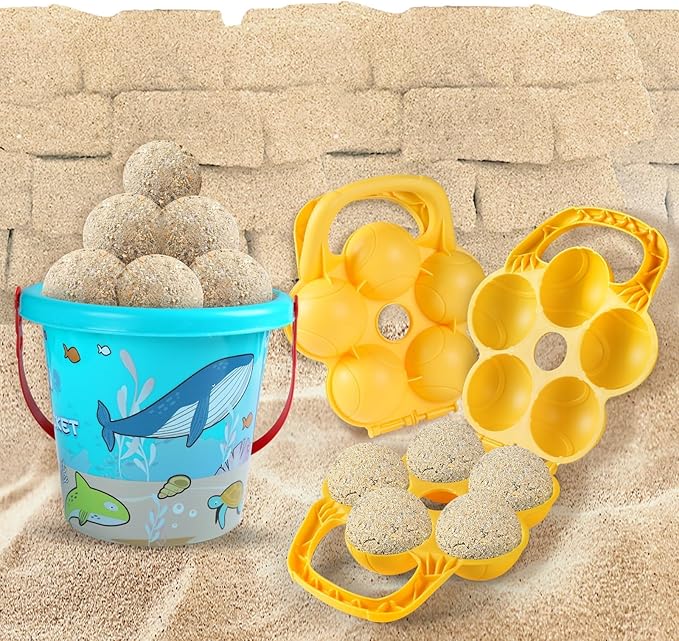 Beach Toys, 6 Piece Kids Indoor Outdoor Play Set with Bucket, Brick Mold, Sandball Maker, Beach Chases Travel Sand Toys for Ages 3-8, Sand Castle Building kit Backyard Fun