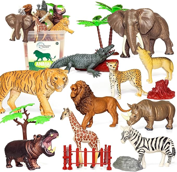 Safari Zoo Animals Figures Toys for Kids 3-5,Realistic Animal Figurines Playset with Fence for Toddlers, 22 PCS African Wild Jungle Plastic Toy Gift Set for Boys and Girls