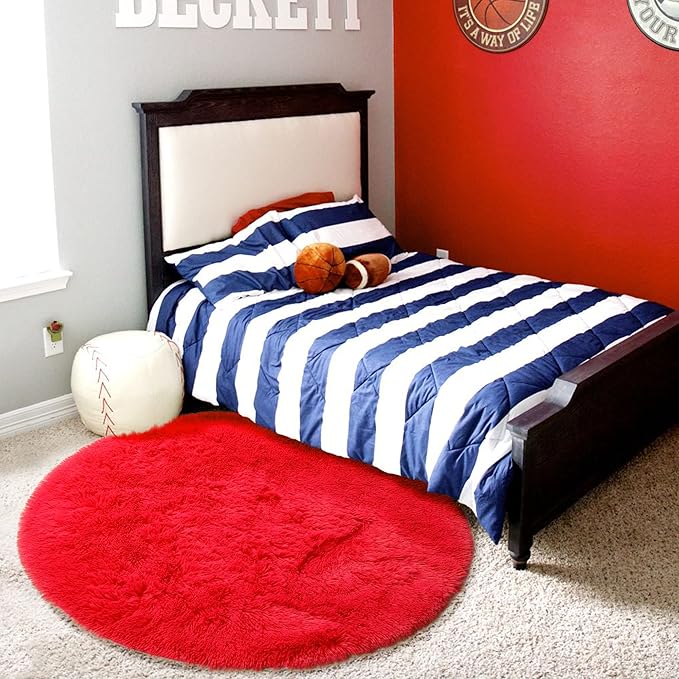 Red Round Circle Rug 6Ft for Bedroom, Large Fluffy Shag Area Rugs for Kids Room Decor Aesthetic, Fuzzy Plush Fur Carpets for Living Room Nursery Classroom, Red Carpet, Furry Indoor Rugs for Teen Boys