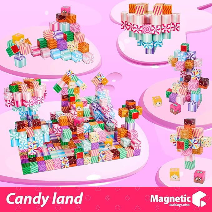 Magnetic Blocks Candy Land Edition, Magnetic Tiles Building Blocks Boys & Girls Toys Age 3-5 4-8 5-7 Sensory Gift for Kids，Magnets Cubes，Upgraded STEM Gift 1.2 Inches
