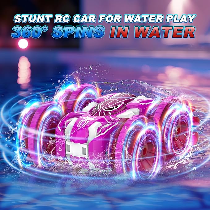Waterproof Remote Control Car，4WD Amphibious 2.4 GHz RC Car Remote Control Boat，360°Rotation RC Stunt with LED Lights，Boys Girls Gifts All Terrain Water Beach Pool Toy Pink