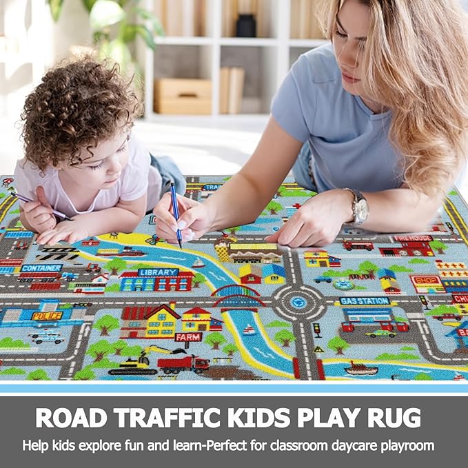Capslpad Kids Rug for Playroom 3'3" x 5'2" Educational Learning Kids Play Area Rug Large Traffic Road Cars Rug Play Mat for Kid Toy Nursery Rug Kids Car Carpet for Living Room Home Decor, Sky Blue
