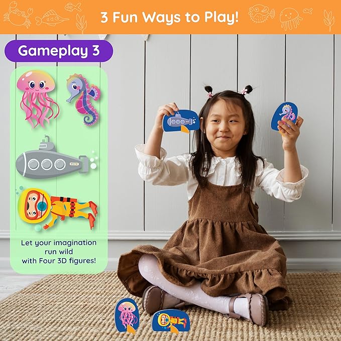 Jumbo 70 Piece Round Floor Puzzles for Kids Ages 3-5, 6-8, Large Jigsaw Puzzle with Educational Flash Cards and 3D Figures | Educational Gift (Underwater World)