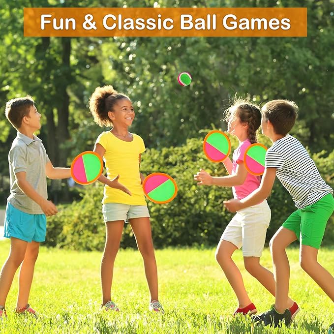 Kids Outdoor Toys - Toss and Catch Game Set, Outside Yard Camping Beach Pool Toys Games for Boys Girls 3 4 5 6 7 8 9 10 Year Old, 4 Paddles 4 Balls (Orange+Orange)