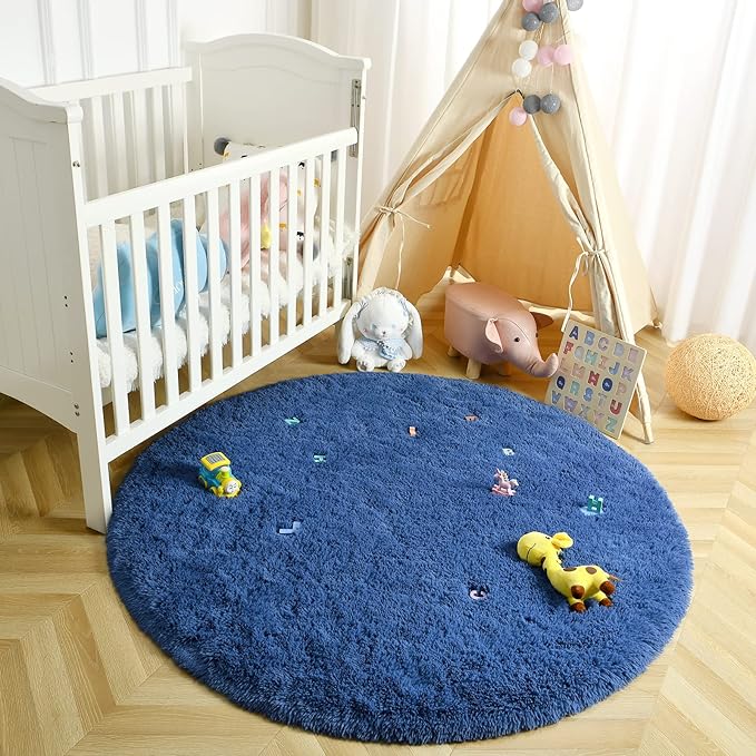 LOCHAS Luxury Round Fluffy Area Rugs for Bedroom Kids Girls Room Nursery, Super Soft Circle Rug, Cute Shaggy Carpet for Children Living Room, 4x4 Feet Light Navy