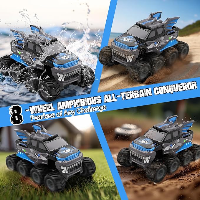 YOLOPLUS+ Amphibious Remote Control Car 8WD RC Monster Truck, 2.4GHZ 1:16 Waterproof All-Terrain Off-Road RC Cars Toys, Pool Toys Gifts for Boys and Girls Age 8-12, Blue