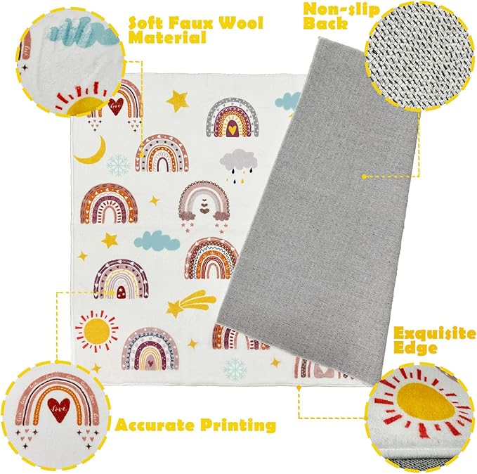 Boho Rainbow Soft Kids Play Rug, Washable Foldable Baby Crawling Floor Mat, Non Slip Nursery Area Rug for Children Living Room Playroom Classroom Bathroom Bedroom Kids Room Decor