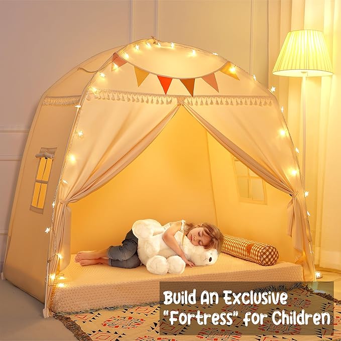 Large Toddlers Bed Tent Canopy: with Lights and Flags for Girls and Boys House Gifts - Monobeach Kids Play Tent Indoor Princess Toys - Portable and Foldable Children Playhouse Outdoor