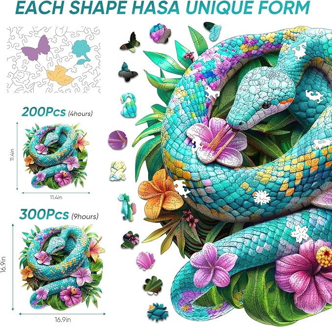 Snakes Wooden Puzzle for Adults, Animals Jigsaw Puzzles 500 Piece, Unique Shapes Family Reunion Puzzle for Adults and Kids, Beautiful Package, Best Gift for Family Friends Royal 16.9x16.9in