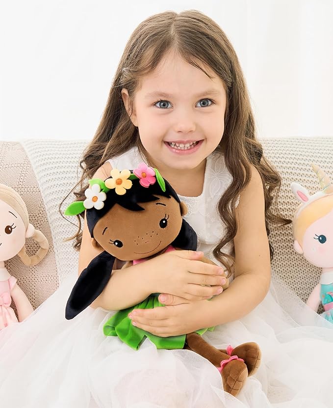 Soft Baby Doll Toys (16'') for Girls, My First Baby Rag Dolls for 1 Year Old Girl Birthday Gift Plush Doll Toys Machine Washable Baby Doll for Toddler Kids Infants - Black Baby Girl