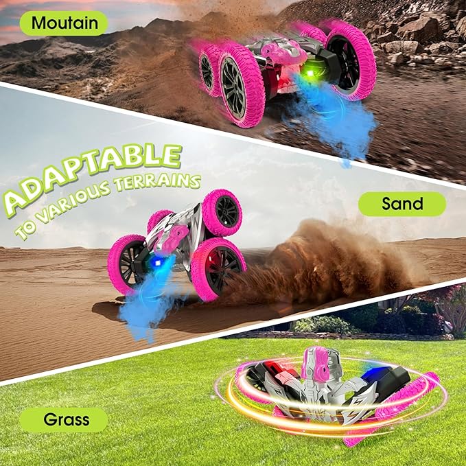 Remote Control Car, 360° Rotating RC Stunt Car with Lights and Spray, 2.4Ghz 4WD Double-Sided Driving RC Car Toys for Kids, Outdoor Dinosaur Truck Gift for Boys and Girls Age 4-7,8-12 (Pink)