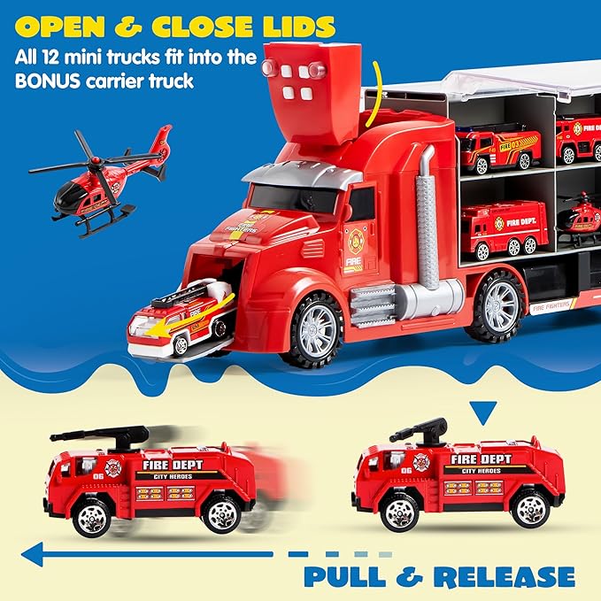 JOYIN 25 in 1 Fire Truck Vehicle Toy Set with Sounds and Lights, Fire Engine Vehicles in Carrier Truck, Mini Rescue Emergency Car Toy, Birthday Gifts for Over 3 Years Old Boys
