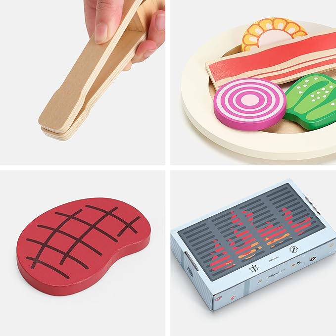 Wooden Play Food for Kids Kitchen - 24 Pcs Montessori Pretend Play Kitchen Accessories, Educational Learning Toys with Toy Fruits, Vegetables & Meat, Gift for Boys Girls Ages 3-6