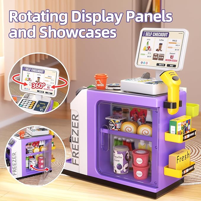 48-Piece Pretend Play Cash Register Toy Set for Kids with Water Outlet Function - Calculator, Shopping Bag, Scanners, Coffee Machine, Play Food - Gift for Boys and Girls Ages 3+ (Purple)