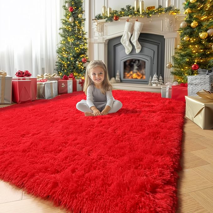 Amdrebio Red Area Rugs for Living Room Bedroom Decor, Red Carpet, Christmas Rug 5x8, Fluffy Shaggy Fuzzy Furry Throw Rugs for Kids Room Dorm Nursery Classroom, Shag Plush Rug for Teen Boys Playroom
