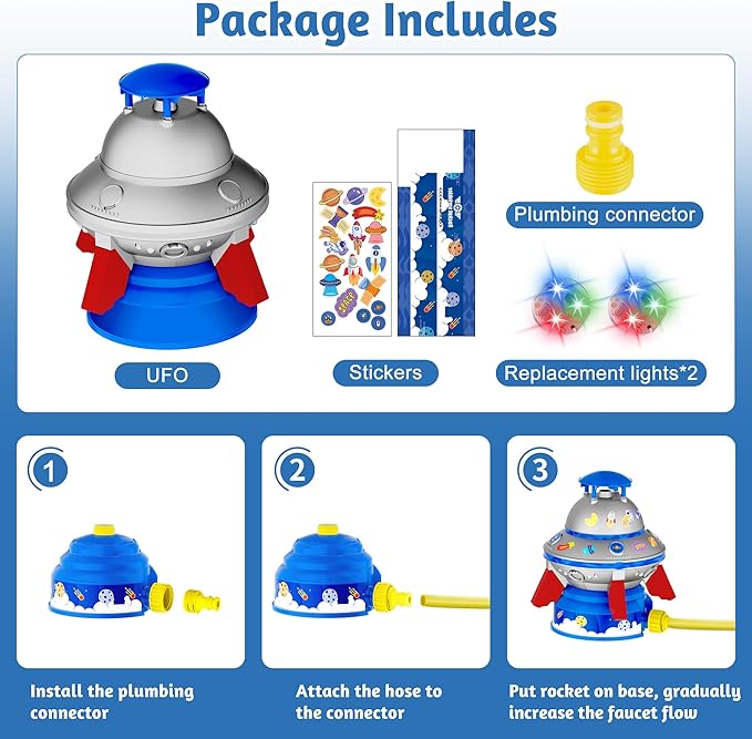 COCASES Water Sprinkler for Kids, UFO Water Rocket with Light for Kid, Outdoor Summer Kids Sprinkler Water Toy Play for Yard Backyard Pool Lawn Garden Birthday Gift for Boys Girls Ages 3-12 Year Old