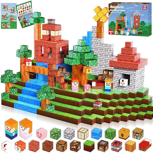 Magnetic Blocks-150PCS Grassland Magnetic Building Blocks Set, Kids Classroom Sensory Toy for Toddlers STEM Learning, Construction Stacking Toy for Kids 3+ Boys and Girls Christmas Birthday Gifts