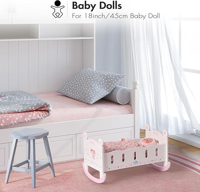 ROBOTIME Wooden Baby Doll Crib, Doll Cradle Bed for 18-24 Inch Dolls, Baby Doll Crib Set with Blanket and Pillow, Toy Doll Bed for Girls Ages 3+