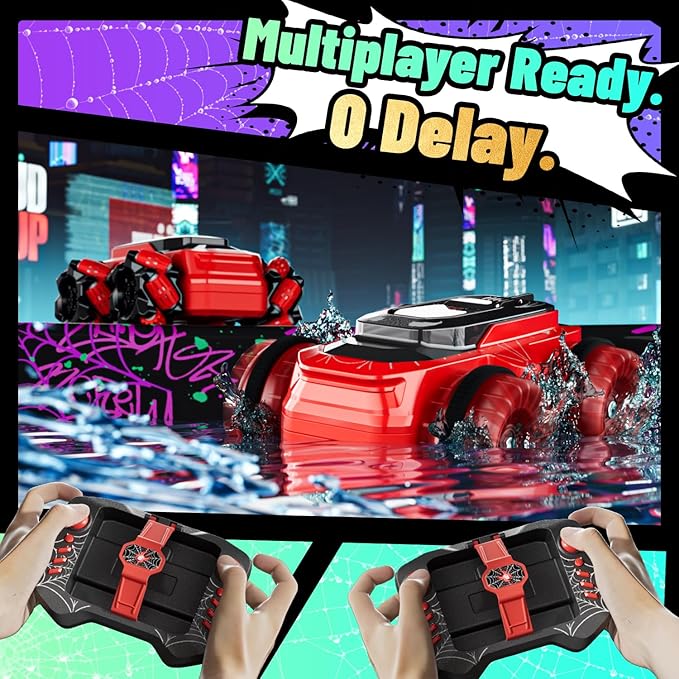 Spider Amphibious Remote Control Car, Waterproof Mini 4WD RC Car Fits Inside Remote, Dual Tires for Land & Water, 360°Spins, 50-Min Runtime W/ 2 Batteries, Boat Toy for Pool Lake Beach, Gift for Kids