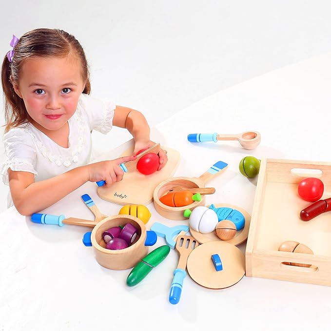 Dailyfunn Wooden Pretend Play Foods Set for Kids Kitchen Montessori Cutting Playset Toys with Storage Box