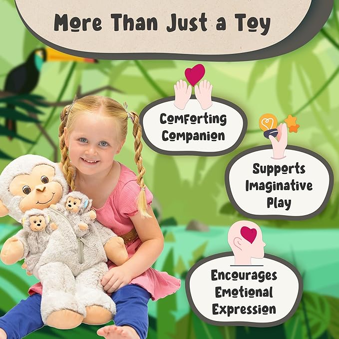 DreamsBe Monkey Stuffed Animal with 3 Baby Monkeys for Boys & Girls - Plush Stuffie with Zippered Pocket for Babies - Monkey Gift for Kids Ages 3 4 5 6 7 8 9 Years