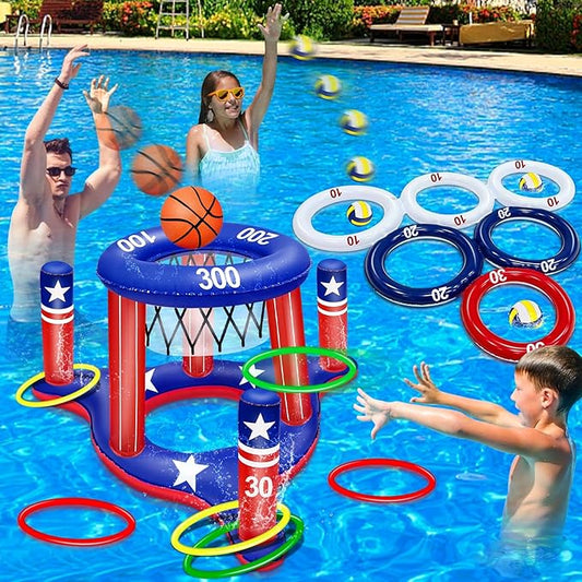 American Flag Pool Toys Games Set, Inflatable 2-in-1 Floating Basketball Hoop and Inflatable Ring Toss Pool Game with Score for Kids Teens Adults Summer Water Pool Toys 4th of July Patriotic Party