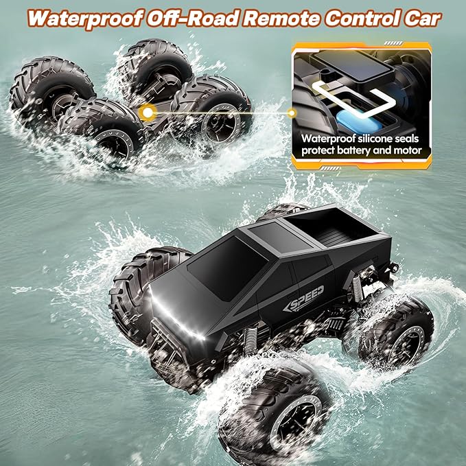 Remote Control Car Monster Truck Toy Off-Road Truck - 4WD Waterproof RC Cars for All Terrain, 1:16 Scale Hobby Monster Truck Toys 2.4GHz Pick-up Vehicles Kids Gifts for Boys Age 6 7 8 9 10-12+,Black